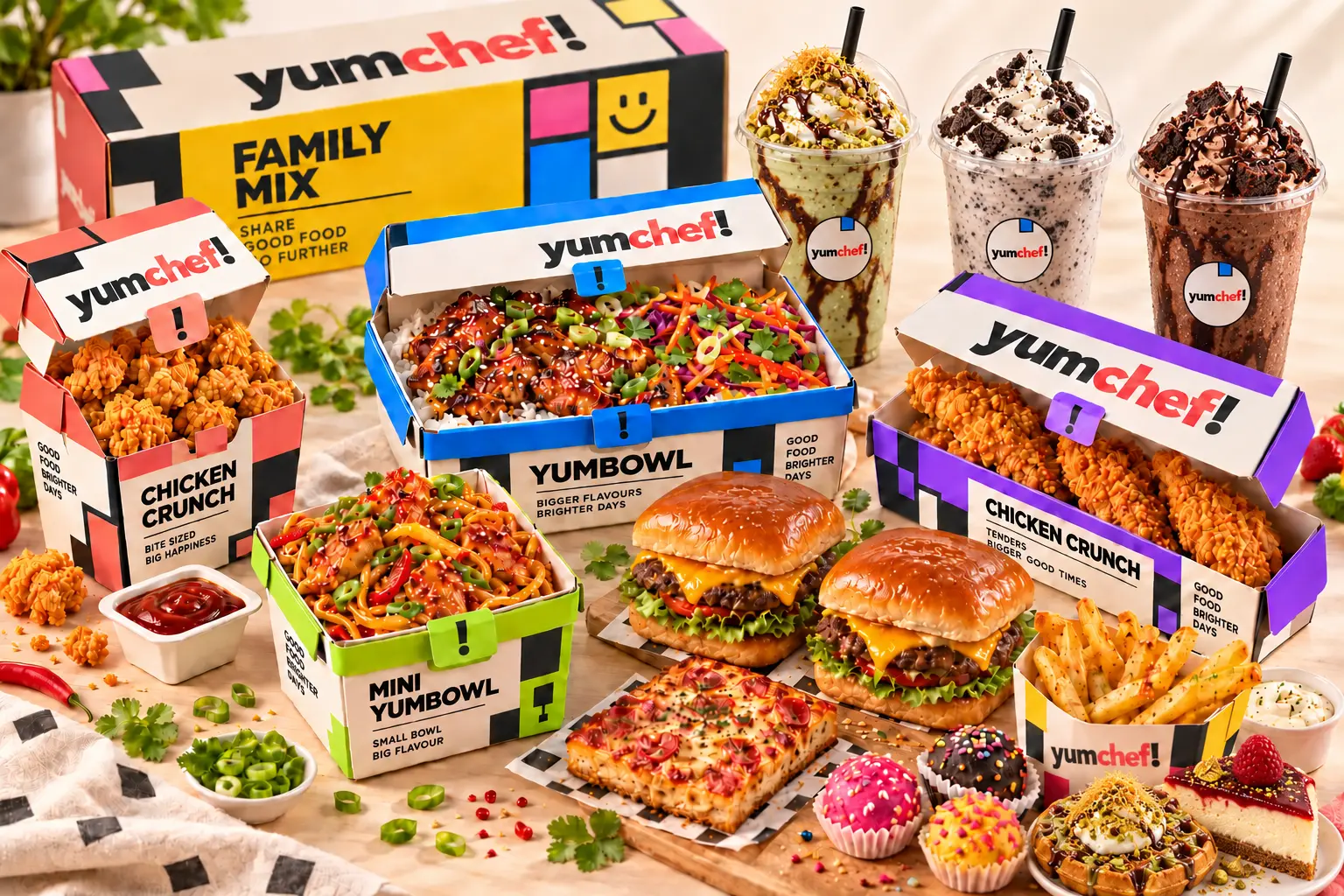 The full YumChef spread with YumBowls, chicken, pizza, fries, larger square-bun burgers, Dubai Pistachio Frappe, Cookie Crumble Crash, Brownie Blackout and full-size World Drop desserts
